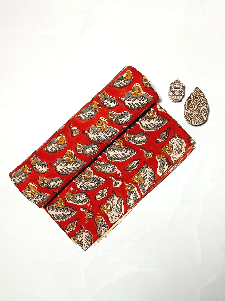 Bagru Print  Leave Motif Base Red With Grey Leave Colour Block Print Fabric