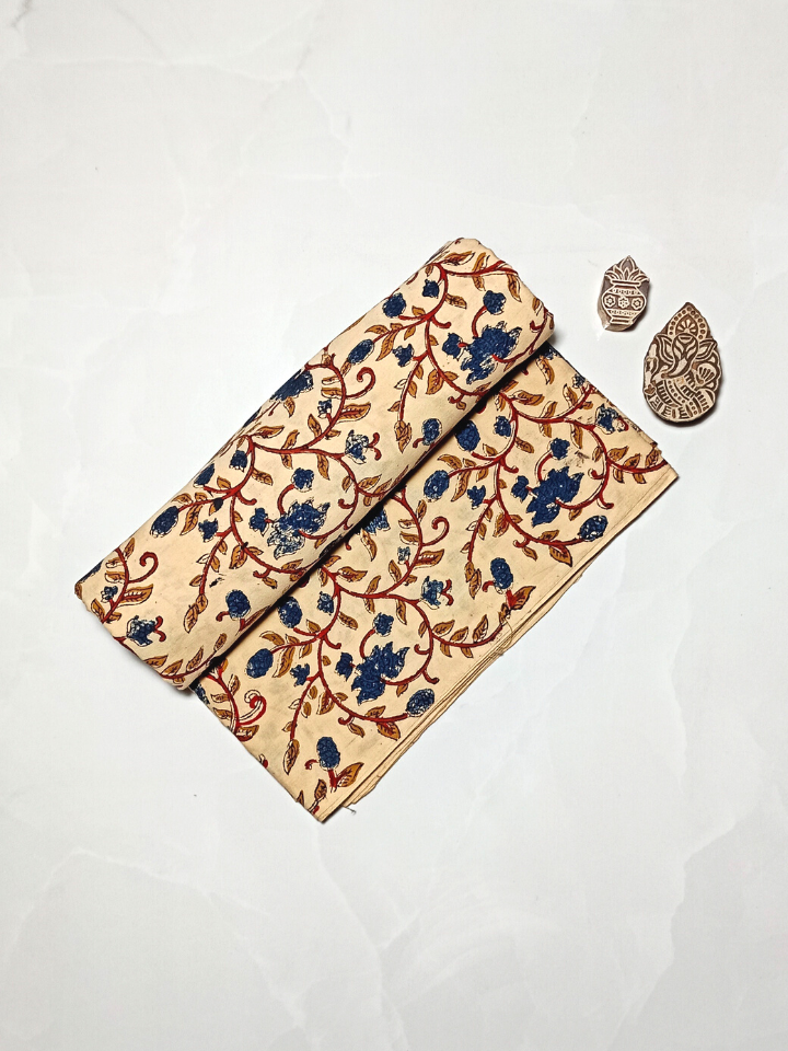 Bagru Kalamkari Flower Jaal Base Cream Flower Blue With Off Yellow Leave Colour Hand Block Print