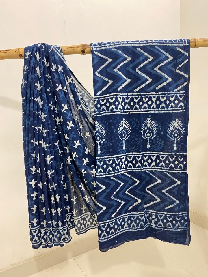 3 Bander Small Butti 2 Kaam Jaal Indigo Base With Bander Jaal Off White Single Katli   Border Hand Block Print