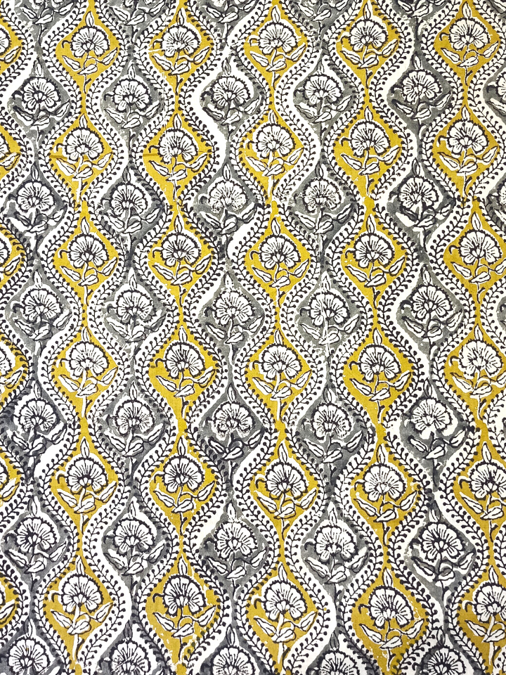 Bagru Kalamkari Yellow And Grey Floral Butti Jaal Print