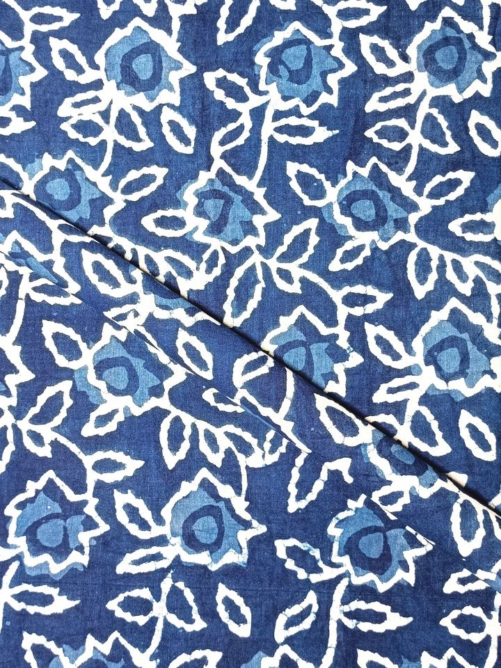 Kalamkari Rose Flower 2 Kaam Jaal Mud Dabu Motif Indigo Hand Block Dabu Print Fabric