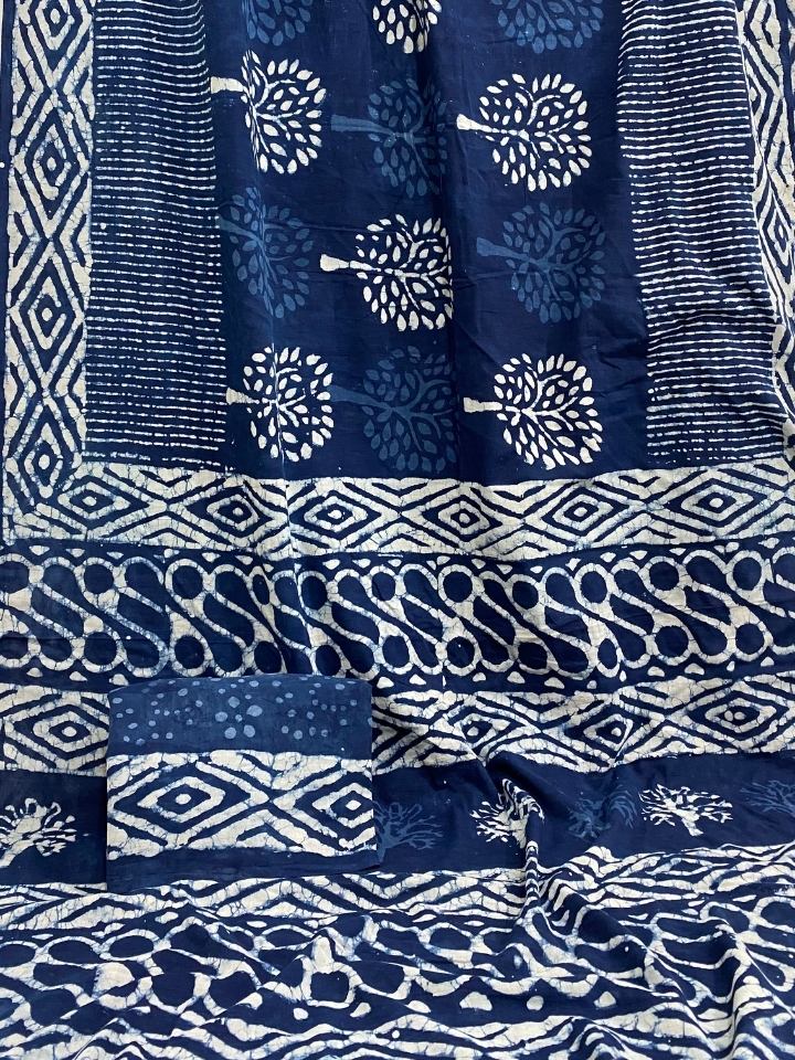 Small Butti Bander Mud Dabu Indigo Base Hand Block Print Cotton Mul Mul Saree