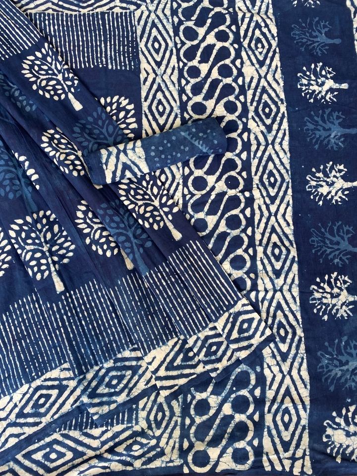 Small Butti Bander Mud Dabu Indigo Base Hand Block Print Cotton Mul Mul Saree