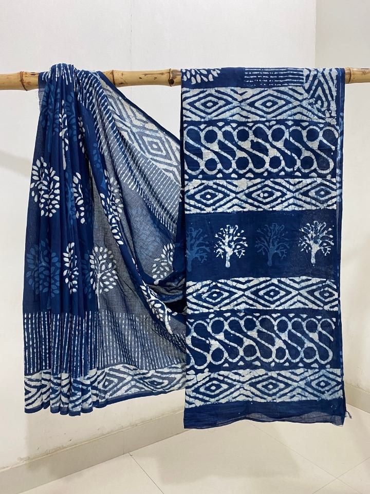 Small Butti Bander Mud Dabu Indigo Base Hand Block Print Cotton Mul Mul Saree