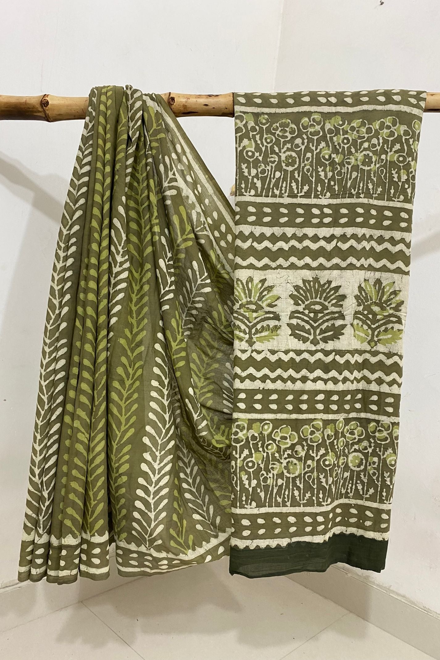 Lotus Dabu With Green and White Pati Hand Block Print Saree