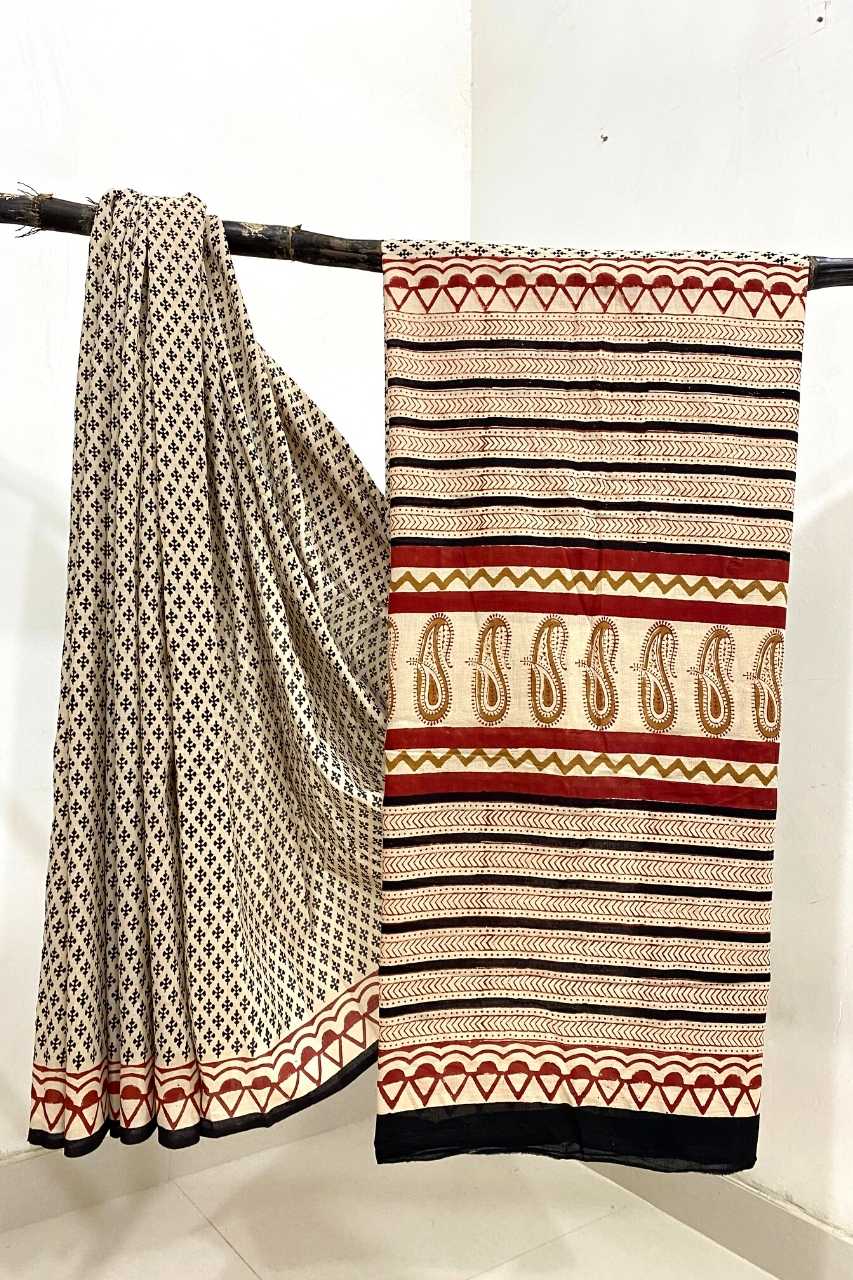 Bagru Print Small Butti Off Cream Base With Black Butti With Sun Dungar Border Red Colour Hand Block Print Saree