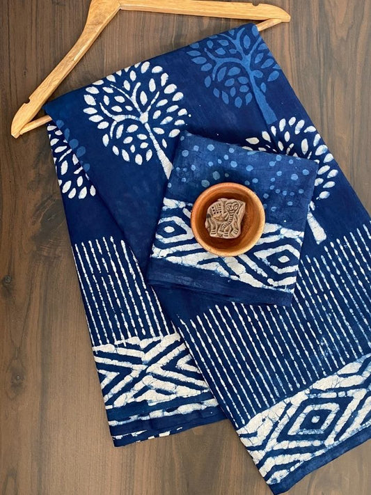 Small Butti Bander Mud Dabu Indigo Base Hand Block Print Cotton Mul Mul Saree