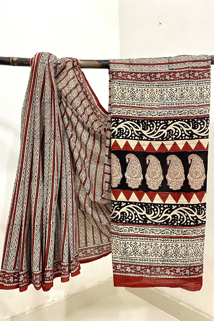 Bagru Straight Silli Off Red Base With Off White Silli Flower With Flower Jaal Border  Hand Block Print Saree