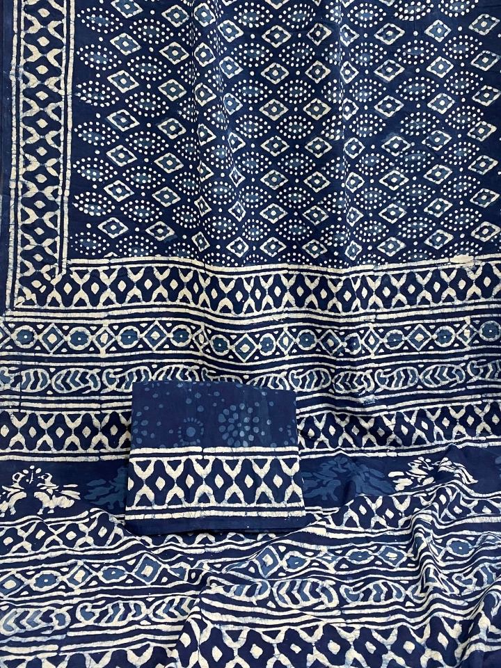 Sakpara 2 Kaam Mud Dabu Indigo Base With Dabu Print With Katli Border Off White Hand Block Dabu Print Saree