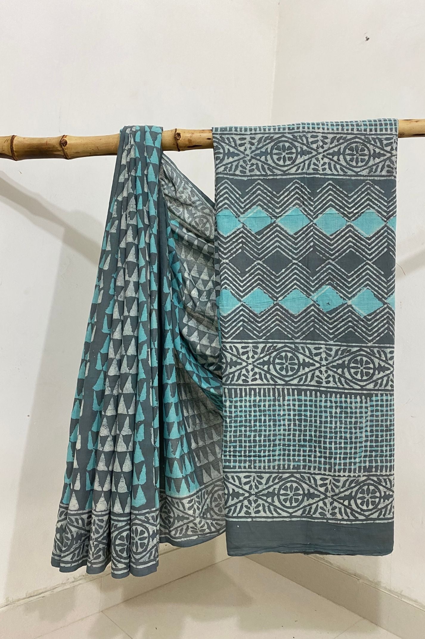 Kangura Mud Grey and Firoji Dye Dabu Hand Block Print Saree