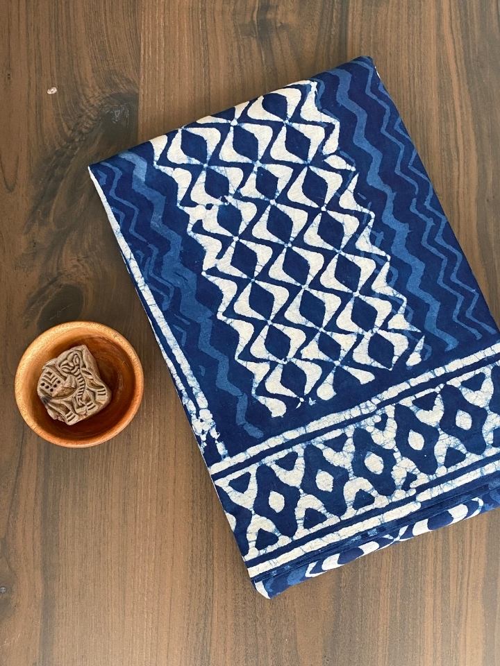 Matki Moti 2 Kaam Lehriya Mud Dabu Base With Indigo Leh With Single Kaam Border Hand Block Print