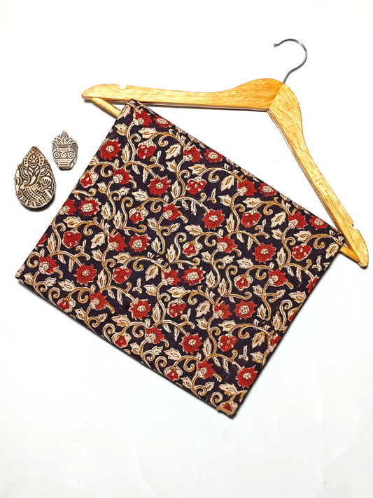 Floral Rose Bagru Kalamkari Jaal Base Red With Rose Yellow And Grey Colour Hand Block Print Fabric