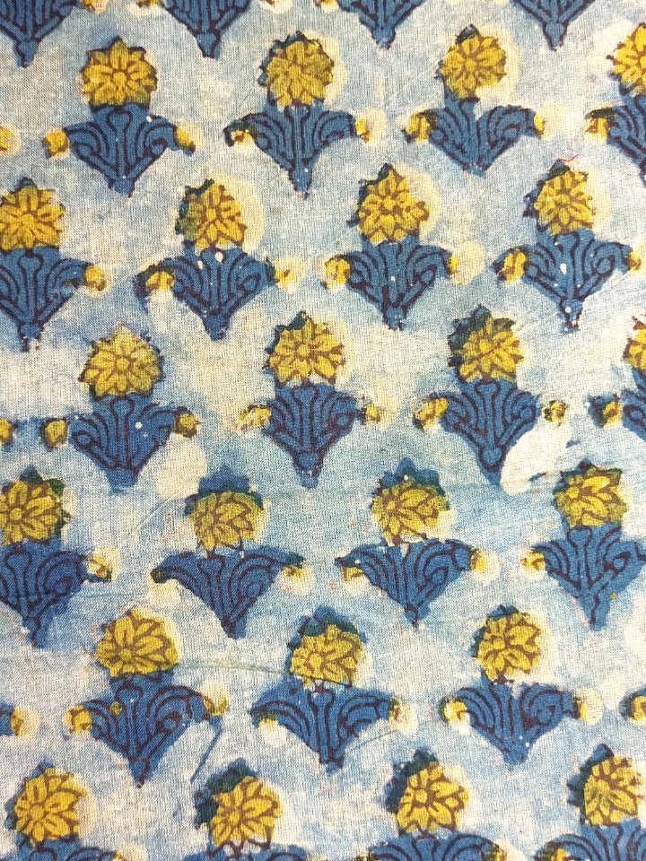 Ajrak Yellow Chhoti Butti With Indigo Leaves Print