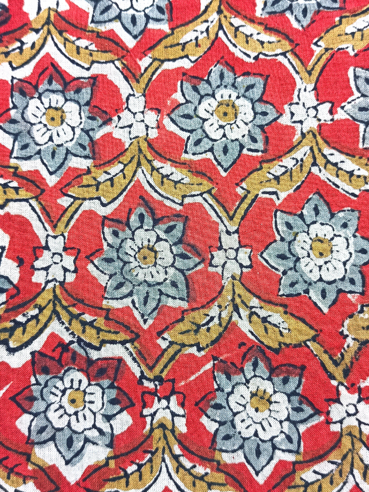 Bagru Kalamkari Grey Flower Floral With  Mustrad Yellow Leave Print