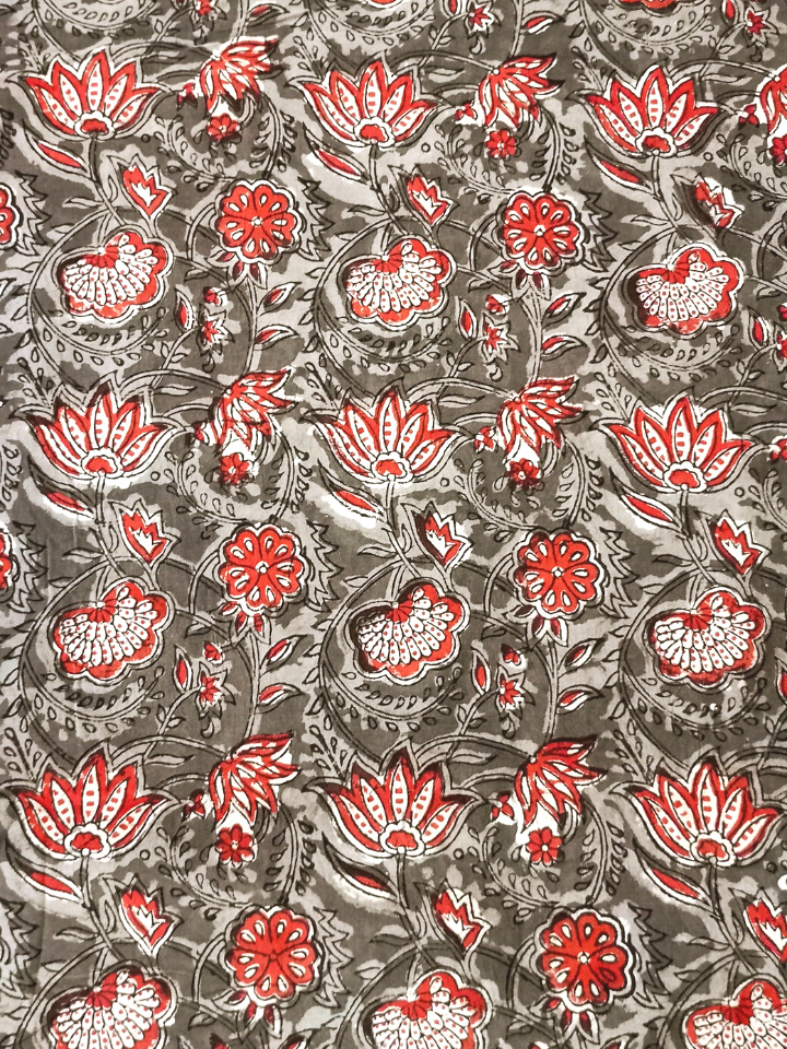 Jawtha Small Red Flower  Jaal With Brown Leaves Print