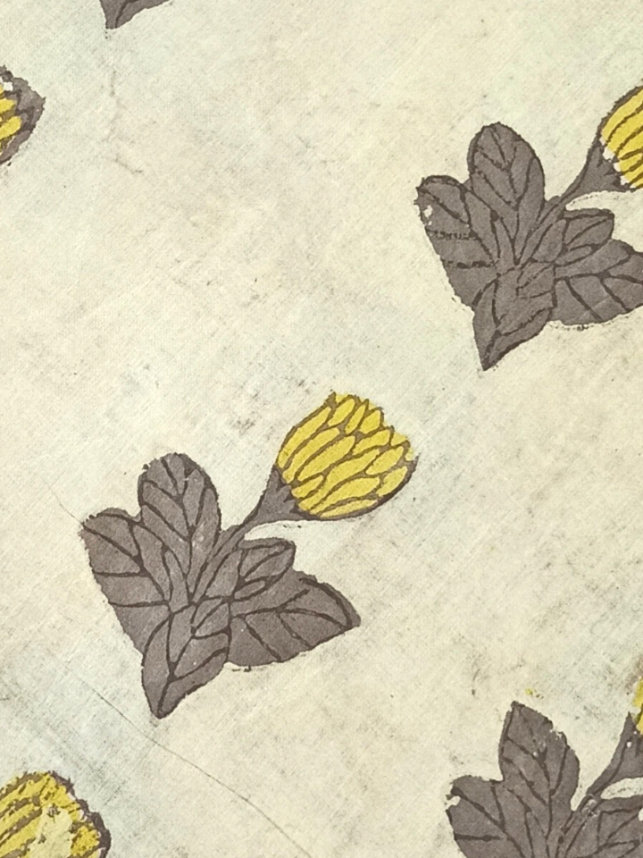 Ajrak Kashish Yellow Flower Single Butta With Brown Leaves Print Fabric