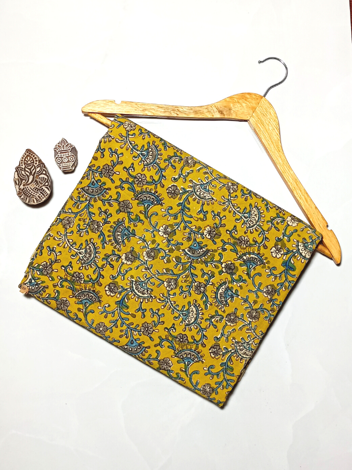 Bagru Floral Kalamkari Jaal 3 Kaam Base Yellow With Flower Grey Leave Off White Blue Colour Block Print Fabric