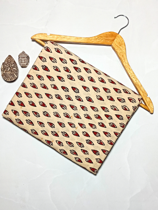 Bagru Single Motif Butta Base Cream Flower Grey And Leave Yellow Colour Hand Block Print Fabric