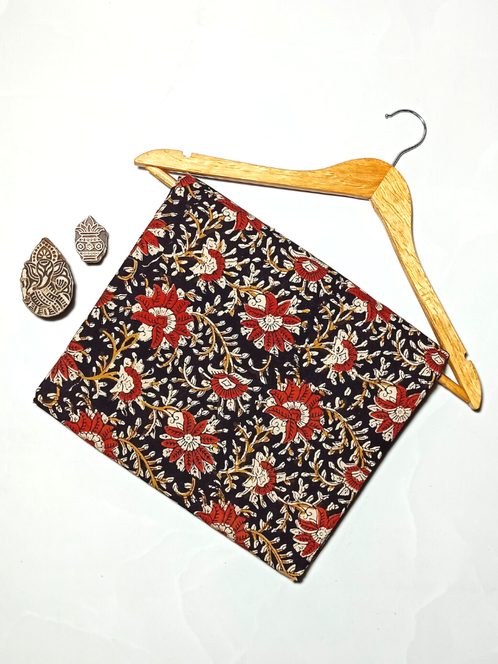 Kalamkari Flower Jaal Base Black Flower Red And Leave Off White Colour Block Print Fabric