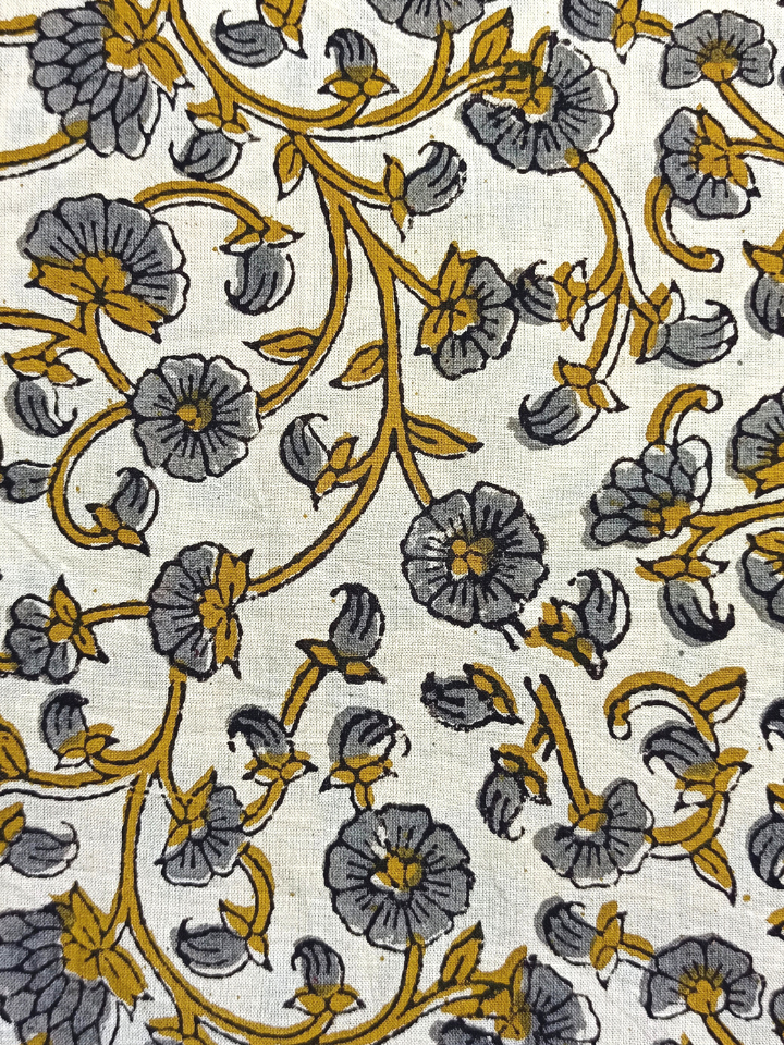 Bagru Kalamkari Grey And Yellow Small Butti Floral Jaal Print