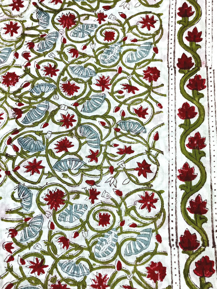 Mughal Red And Aqua Green Kalalmkari Floral Jaal Print