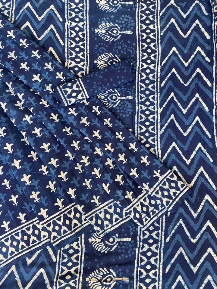 3 Bander Small Butti 2 Kaam Jaal Indigo Base With Bander Jaal Off White Single Katli   Border Hand Block Print