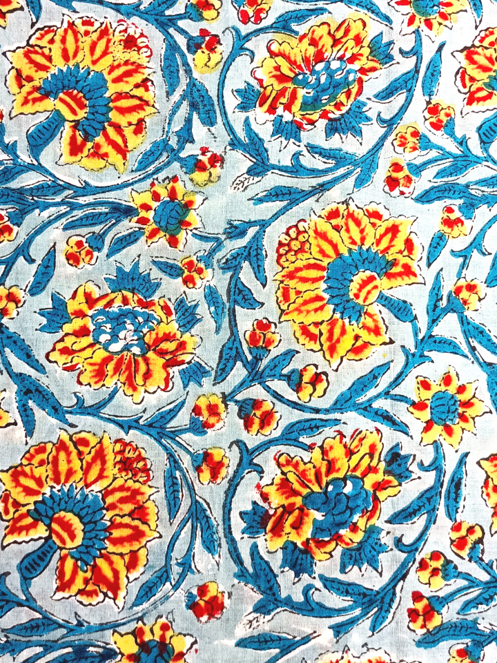 Rapid Sky Blue And Yellow Floral Kalamkari Jaal Print