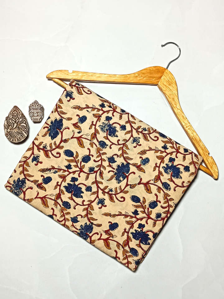 Bagru Kalamkari Flower Jaal Base Cream Flower Blue With Off Yellow Leave Colour Hand Block Print