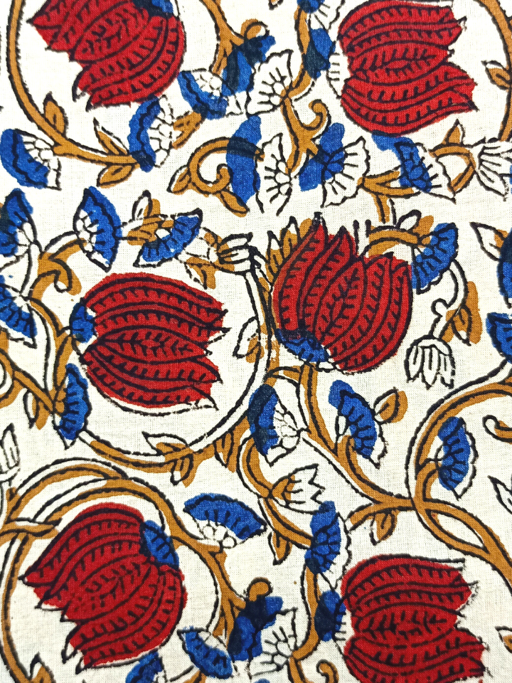 Bagru Kalamkari Red Lotus With Yellow Root Jaal Print