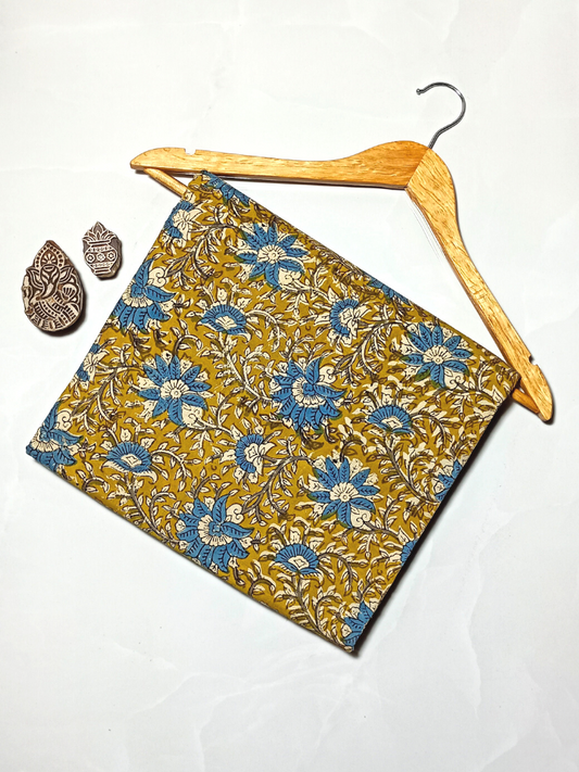 Flower Jaal Bagru Kalamkari Base Yellow , Flower Blue And Leave Off Yellow Colour Hand Block Print Fabric