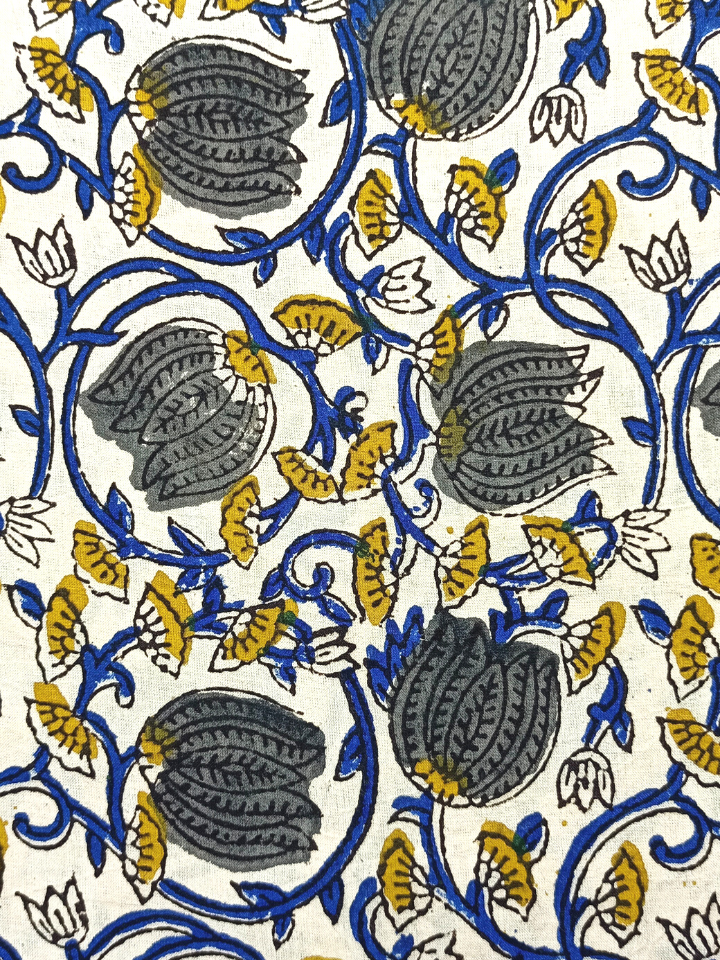 Bagru Kalamkari  Grey Lotus Jaal Flower With Blue Root Print