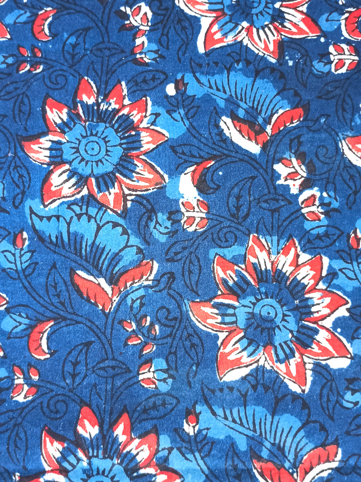 Jawtha Kalamkari Red Flower With Indigo Base Floral Jaal Print