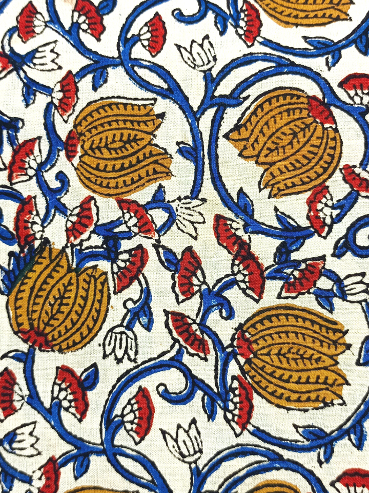 Bagru Kalamkari Mustrad Yellow Lotus With Blue Root Jaal Print