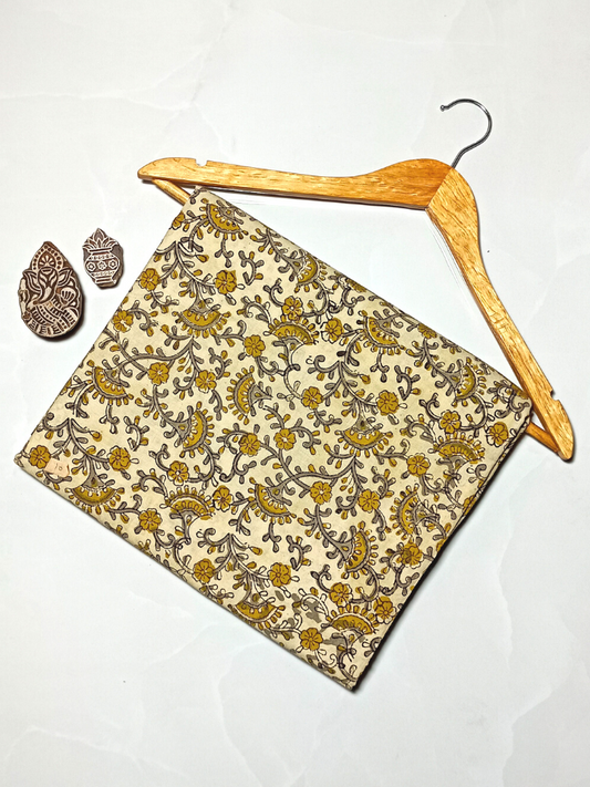 Kalamkari Jaal Base Black And Flower Red With Leave Off White Colour Hand Block Print Fabric