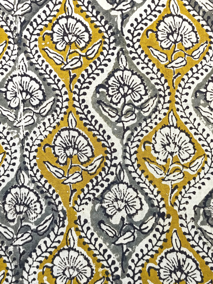 Bagru Kalamkari Yellow And Grey Floral Butti Jaal Print