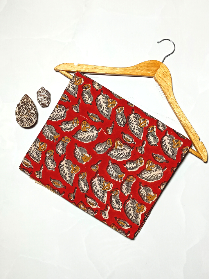 Bagru Print  Leave Motif Base Red With Grey Leave Colour Block Print Fabric