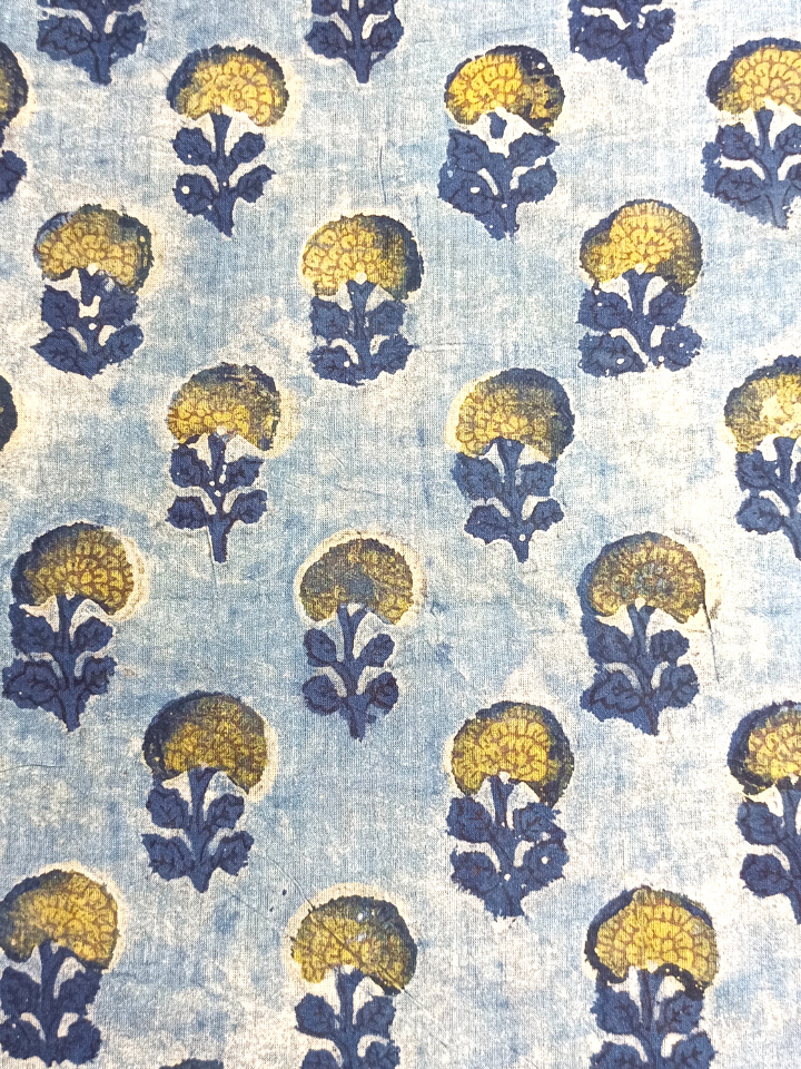 Ajrak Yellow And Indigo Flower With Small Butti Print