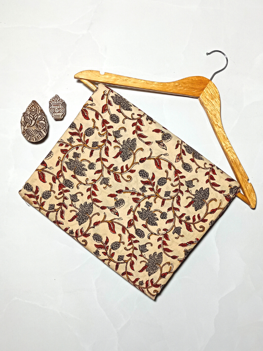 Bagru Kalamkari  Flower Jaal Base Cream , Flower Grey With Red Leave Colour Block Print Fabric