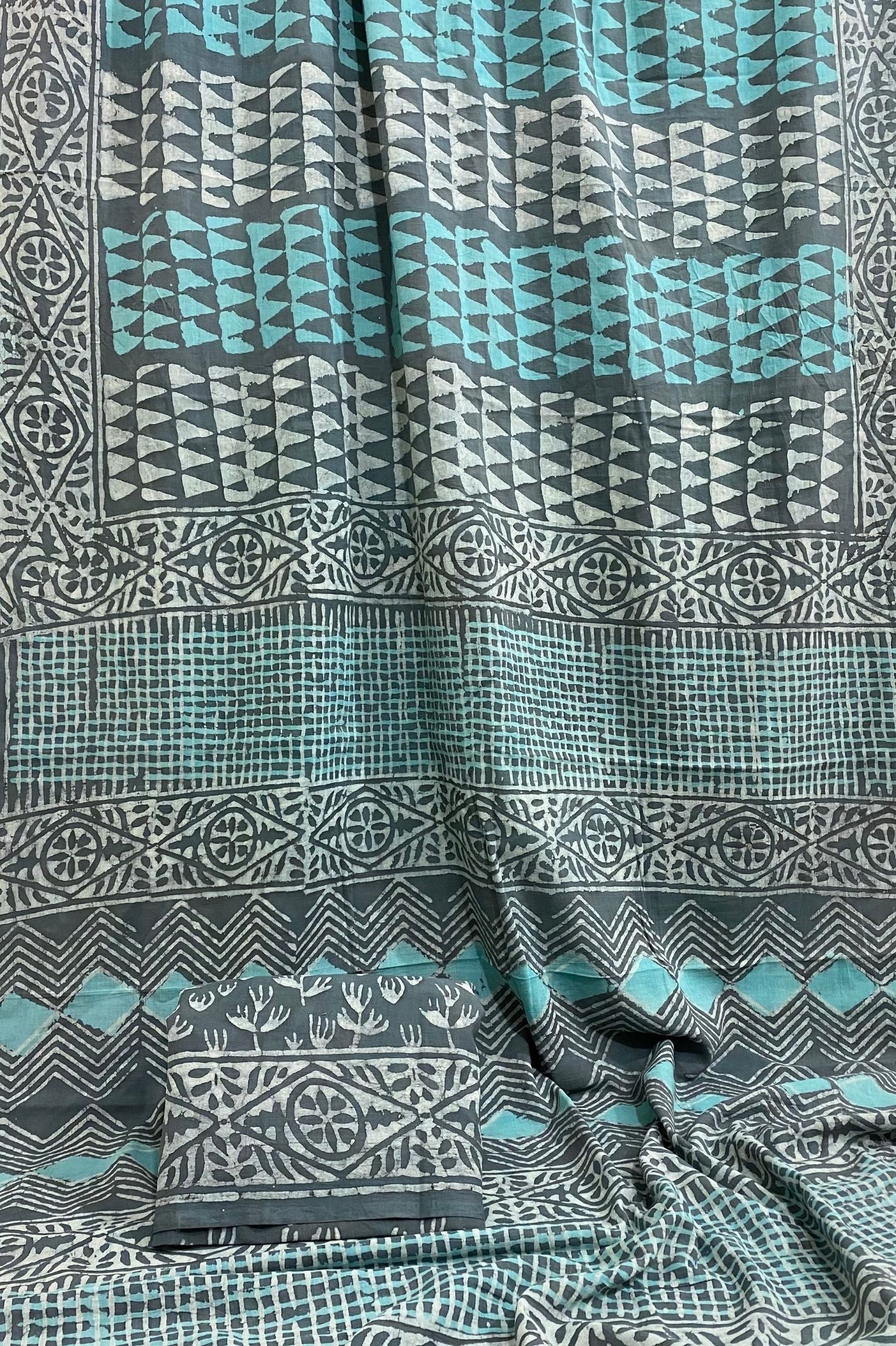 Kangura Mud Grey and Firoji Dye Dabu Hand Block Print Saree