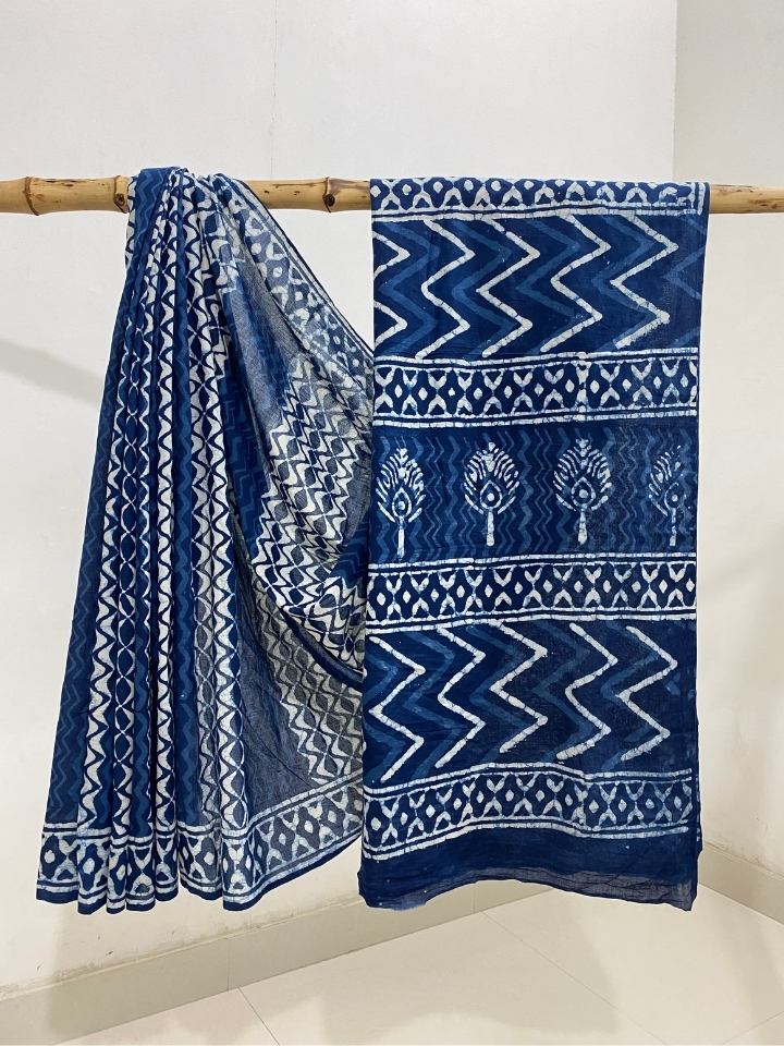 Matki Moti 2 Kaam Lehriya Mud Dabu Base With Indigo Leh With Single Kaam Border Hand Block Print