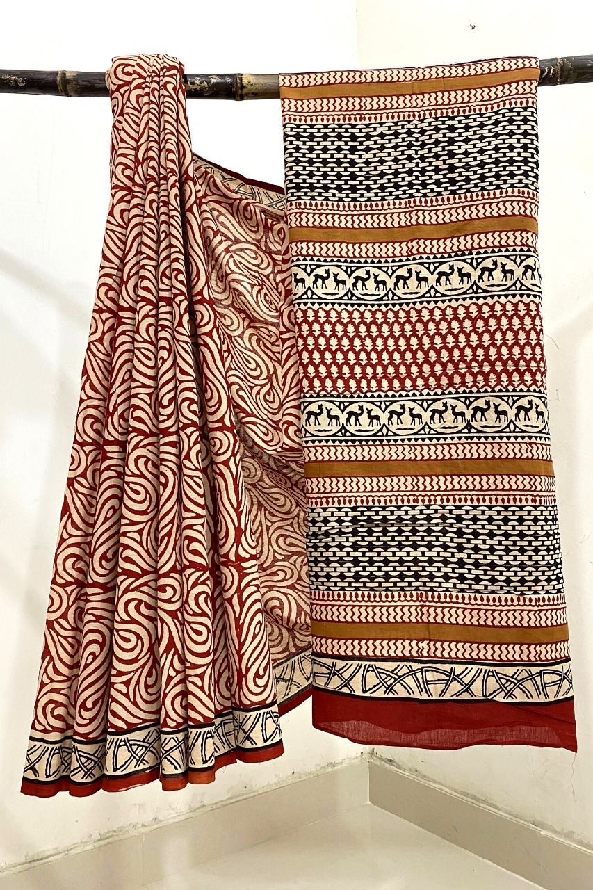 Bagru Kalamkari Flower Jaal Off Red Base Jaal Cream Colour With Black Colour Lakir Border Hand Block Print Saree