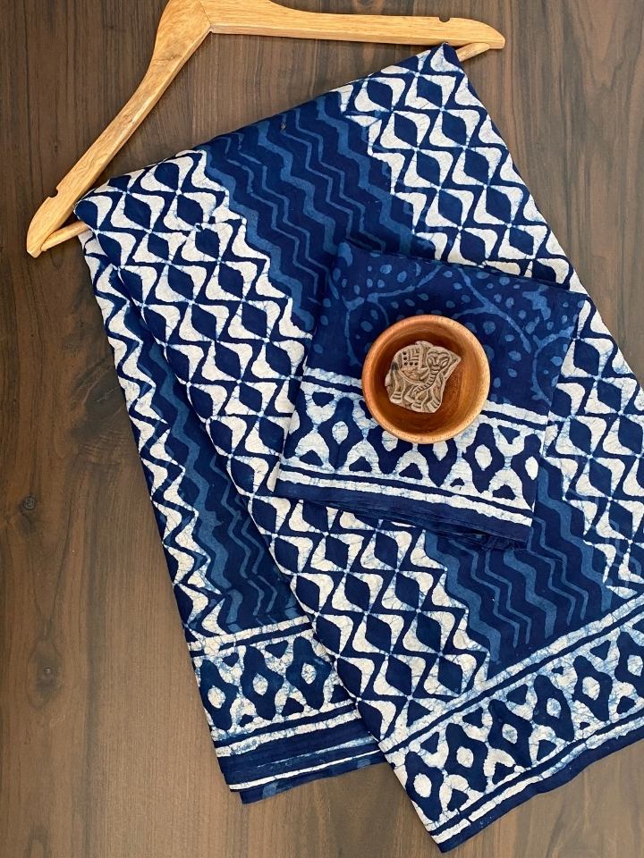 Matki Moti 2 Kaam Lehriya Mud Dabu Base With Indigo Leh With Single Kaam Border Hand Block Print