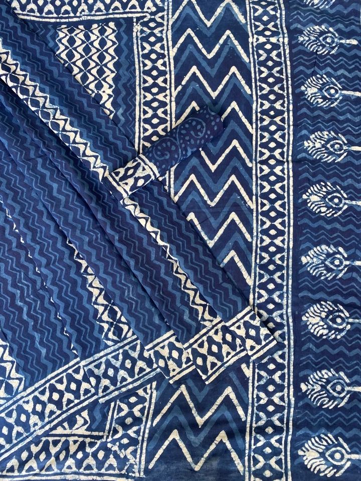 Matki Moti 2 Kaam Lehriya Mud Dabu Base With Indigo Leh With Single Kaam Border Hand Block Print