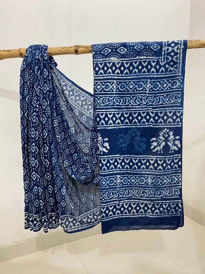 Sakpara 2 Kaam Mud Dabu Indigo Base With Dabu Print With Katli Border Off White Hand Block Dabu Print Saree