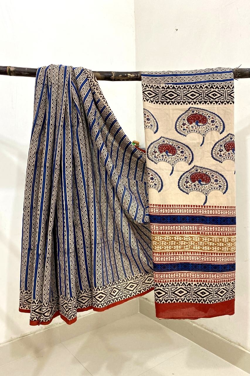 Bagru Straight Silli Off Blue Base With Black Silli  Flower With Black Colour Sakpara Border Hand Block Print Saree