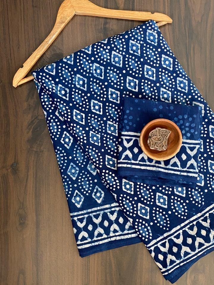 Sakpara 2 Kaam Mud Dabu Indigo Base With Dabu Print With Katli Border Off White Hand Block Dabu Print Saree