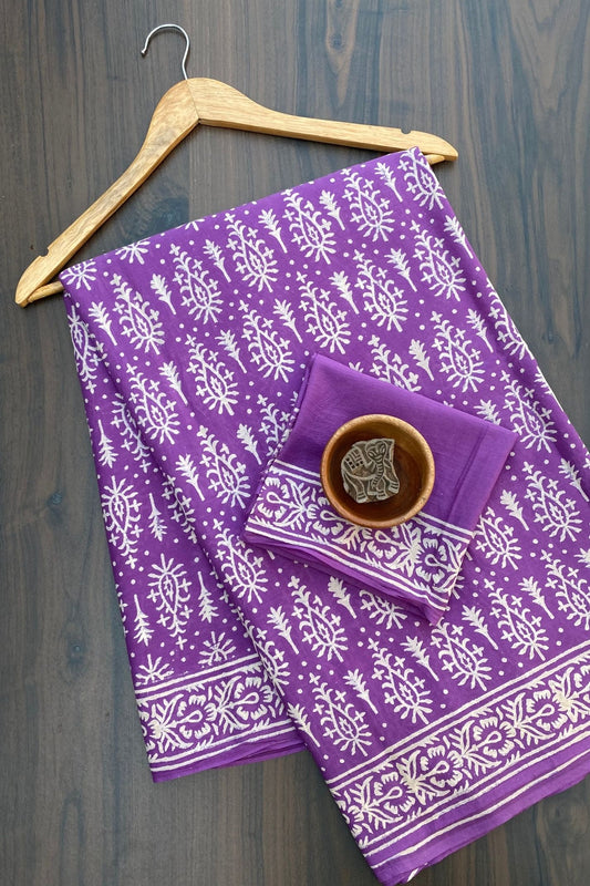 Small Butti Purple Base With White Butti  Hand Block Print Saree