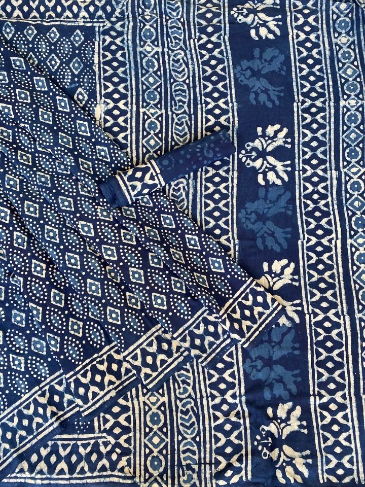 Sakpara 2 Kaam Mud Dabu Indigo Base With Dabu Print With Katli Border Off White Hand Block Dabu Print Saree