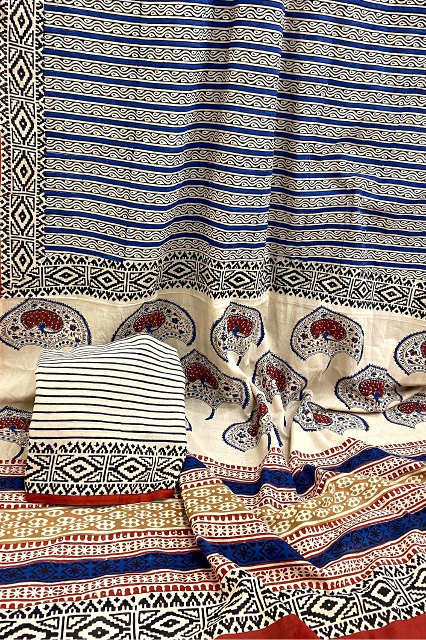 Bagru Straight Silli Off Blue Base With Black Silli  Flower With Black Colour Sakpara Border Hand Block Print Saree