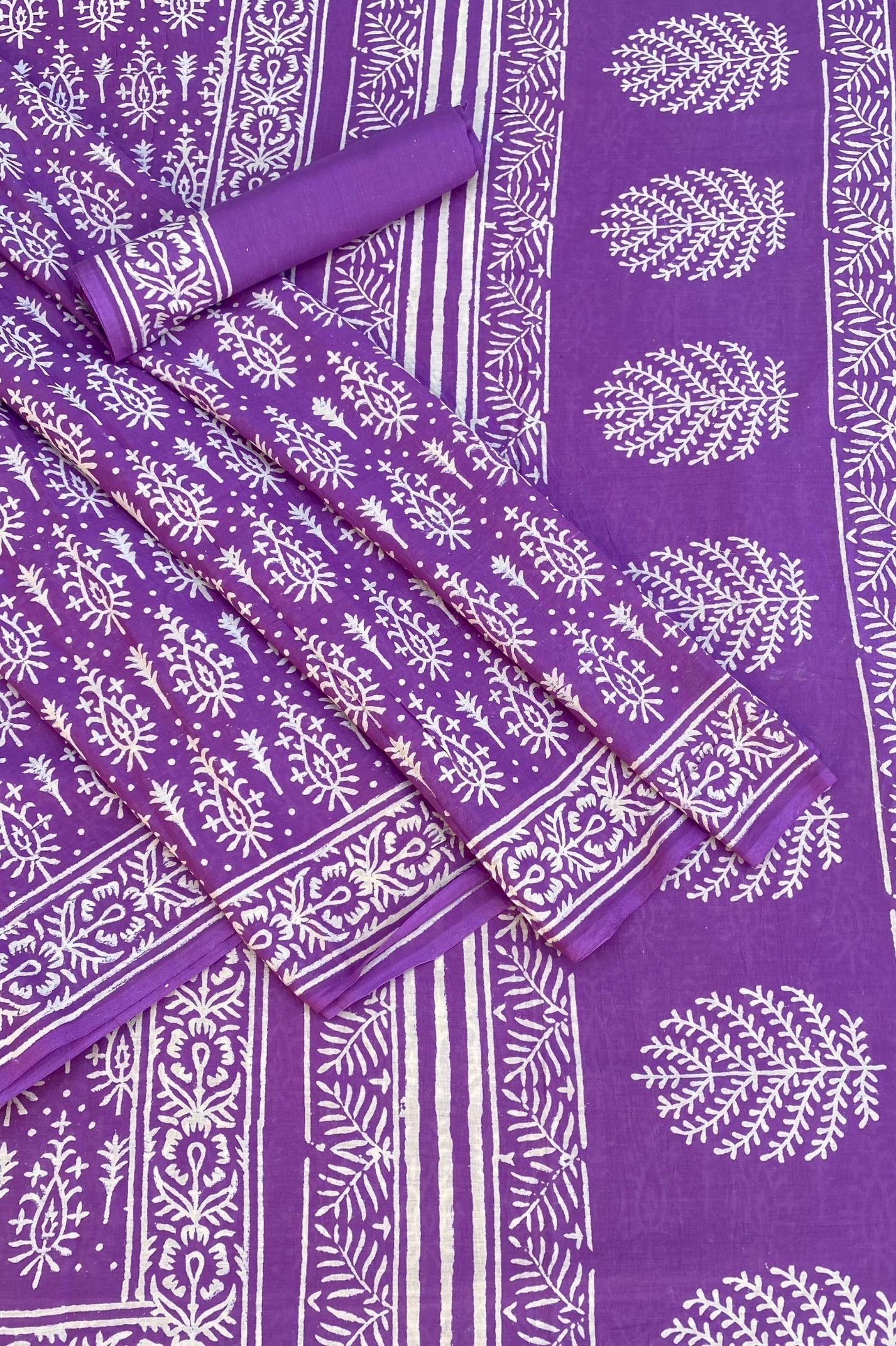 Small Butti Purple Base With White Butti  Hand Block Print Saree